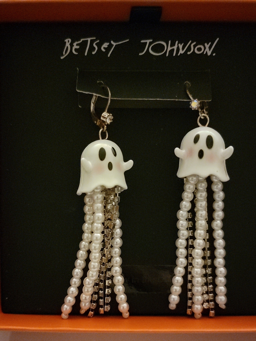 Betsey Johnson White Ghost Pearl & Chain Tassel Drop Earrings